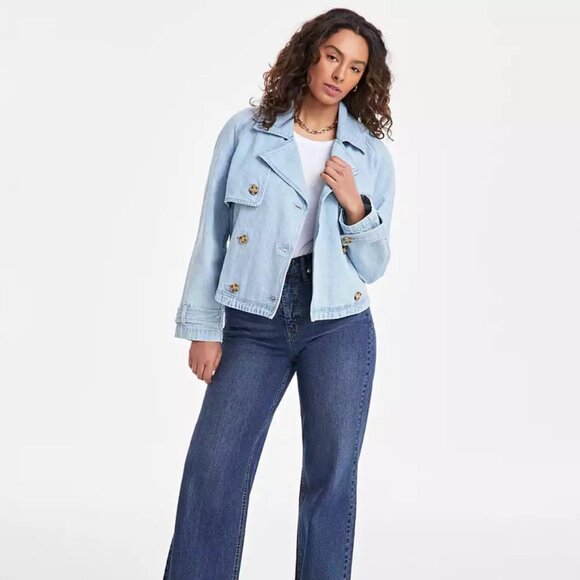 New with Tag On 34th Women's Cropped Denim Trench Jacket L Blue Cotton Macys Exc - Picture 1 of 4